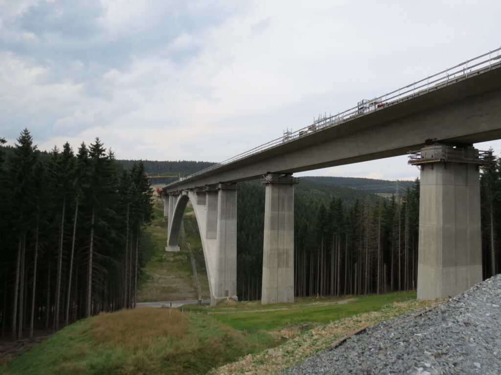 Betonbrücke, die über einen Wald mit hohen Bäumen führt, unter einem bewölkten Himmel.